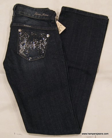 Guess Daredevil denim jeans, ladies Guess Daredevil boot cut, stretch, slim fit, low rise, dark denim jeans with rhinestones, Hamper's Jeans Toronto Ontario