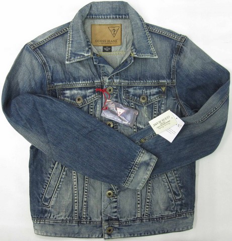 Guess denim jeans jacket, Men's Guess denim jean jacket, Stone wash blue denim jean jacket, Hamper's Jeans Toronto Ontario.