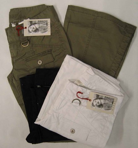 Guess stretch cargo pants, Ladies Guess denim jeans, low rise, flare leg black, white denim jeans, Hampers Jeans Toronto.