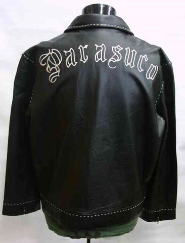 Parasuco leather jacket, Parasuco black leather jacket with Parasuco logo on back, Hamper's Jeans Toronto Ontario.