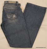 Guess Foxy flare denim jeans, ladies Guess Foxy flare, stretch, slim fit, low rise, flare leg destroy vintage wash jeans with studs & rhinestones, Hamper's Jeans Toronto Ontario.