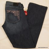 Guess Ladies Daredevil boot cut denim jeans, ladies Guess stretch, slim fit, low rise, heartbreaker dark wash denim jeans with embroidered front & back pockets, Hamper's Jeans Toronto Ontario.