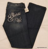 Guess Ladies denim jeans, Ladies Guess Daredevil jeans, boot cut, slim fit, low rise, dark denim jeans with embroidered pocket with rhinestones, Hamper's Jeans Toronto Ontario.