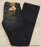 Guess Daredevil boot cut denim jeans, ladies Guess Daredevil stretch, slim fit, low rise, rinsed blue with gold rhinestones , Hamper's Jeans Toronto Ontario.