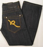 Rocawear R0009J27 Gold R denim jeans, Rocawear R0009J27 basic 5 pocket jean, loose fit straight leg, Rinsed Indigo Black denim jeans, Hamper's Jeans Toronto Ontario.